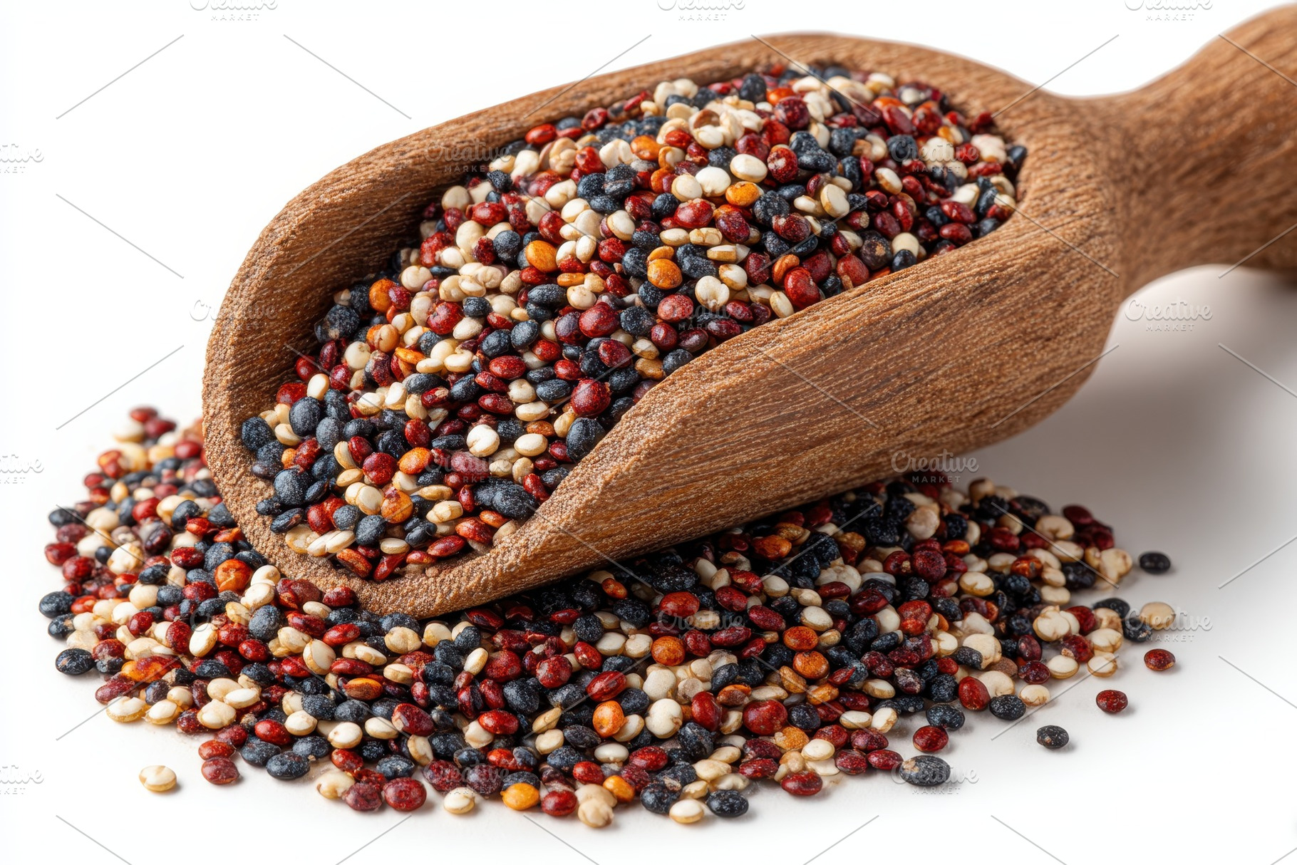 Colorful Quinoa Seeds in Wooden Scoo, a Photo by Pixeness Studio