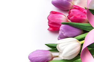 Easter spring tulips with decorative eggs and pink ribbon, a Holiday Photo by Olena Rudo