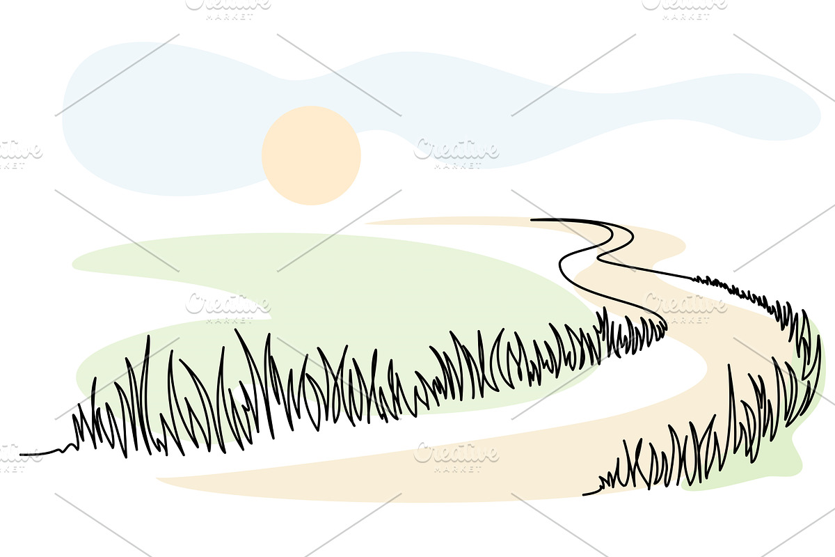 Curvy road with grass in field, a Seasonal Illustration by Valenty