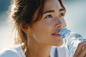 Young woman smiles softly while hold, a Food & Drink Photo by MistyDay