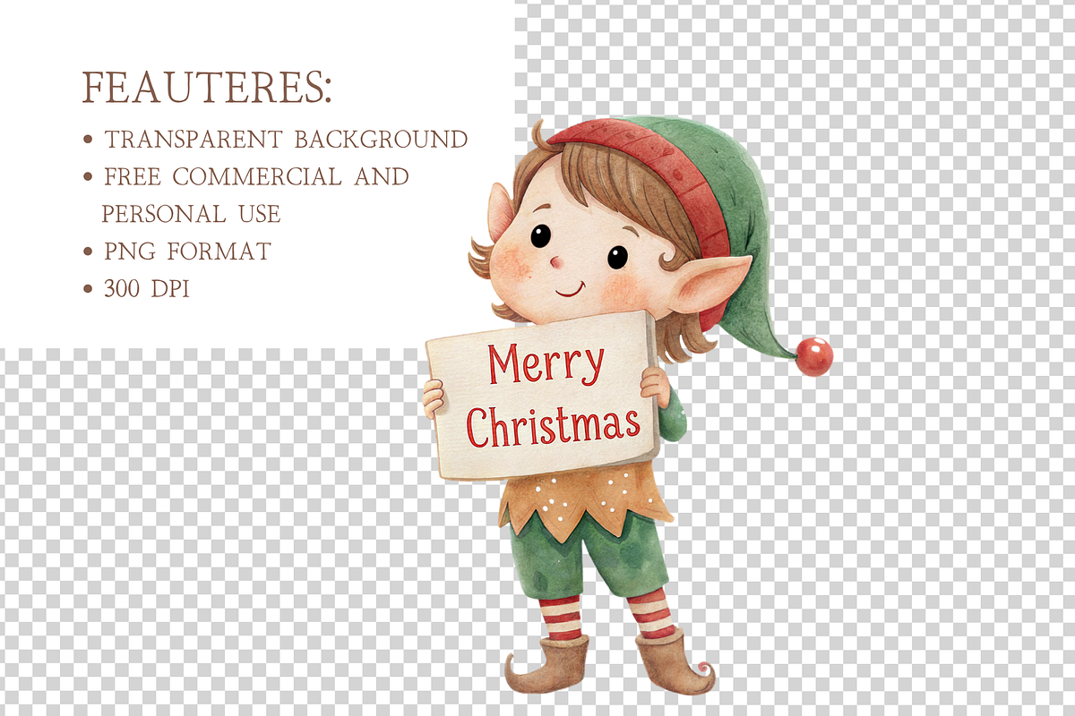 Christmas Elf Watercolor Clipart Set, a Decorative Illustration by MockupWizard (Photo 5 of 6)