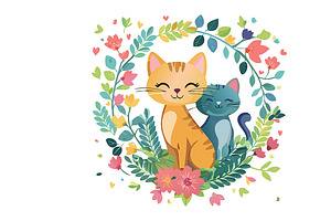 Adorable cat duo in floral wreath, an Animal Illustration by graphics city