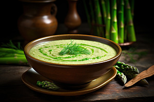 Asparagus cream soup in plate, a Food & Drink Photo by AlyaAnd