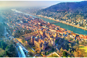 Aerial panorama of heidelberg with the castle and the neckar river germany, an Architecture Photo by Leonid Andronov