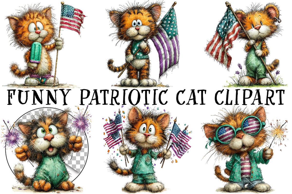 Whimsical Funny Patriotic Cat Clipar, an Illustration by OK Design (Photo 2 of 6)