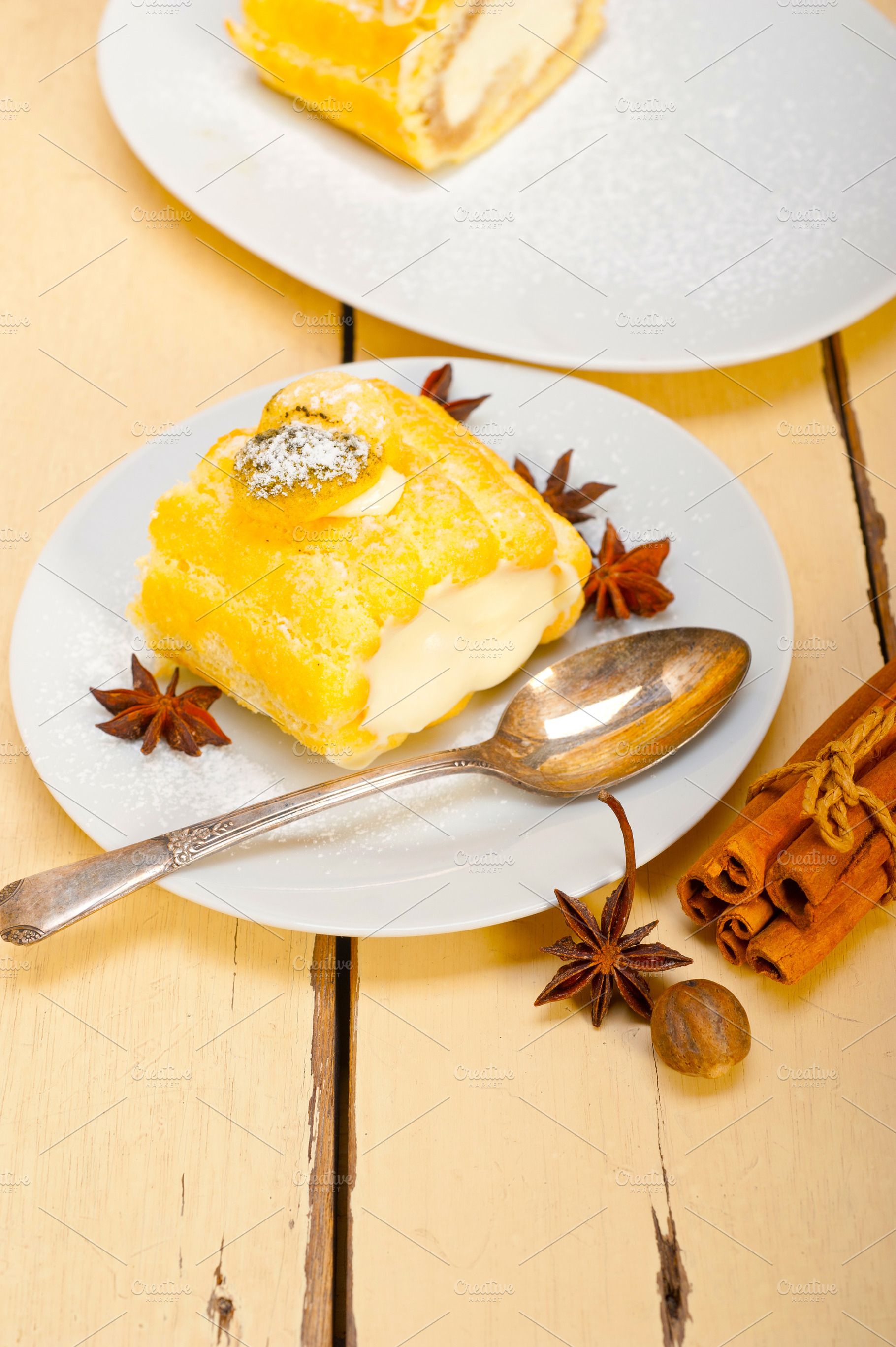 cream roll cake dessert and spices, a Food & Drink Photo by keko64