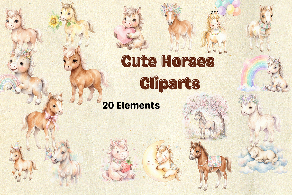 watercolor Cute Horses cliparts, an Animal Illustration by BerryPieArt (Photo 1 of 4)