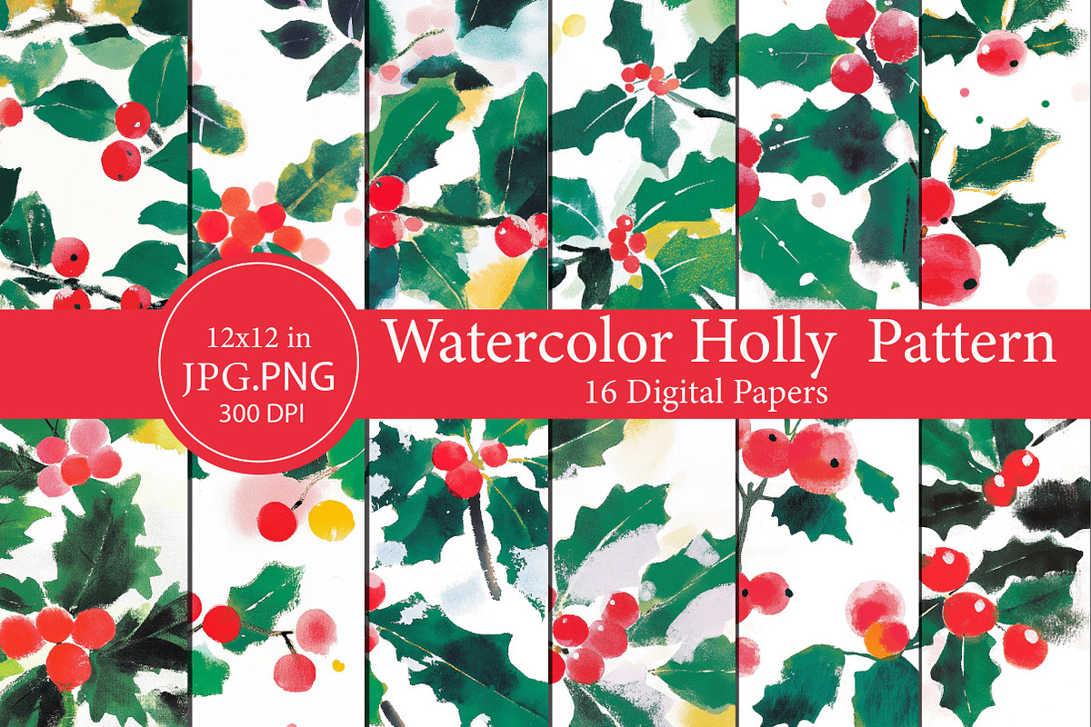 Watercolor Holly Pattern, an Illustration by Designworld (Photo 1 of 5)