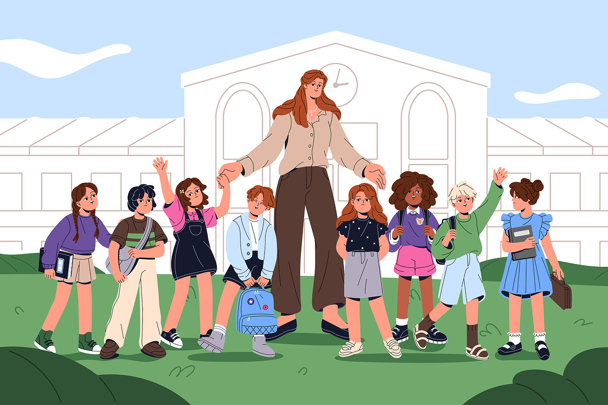 Teacher with kids. Back to school, an Education Illustration by PaperTrident (Photo 1 of 5)