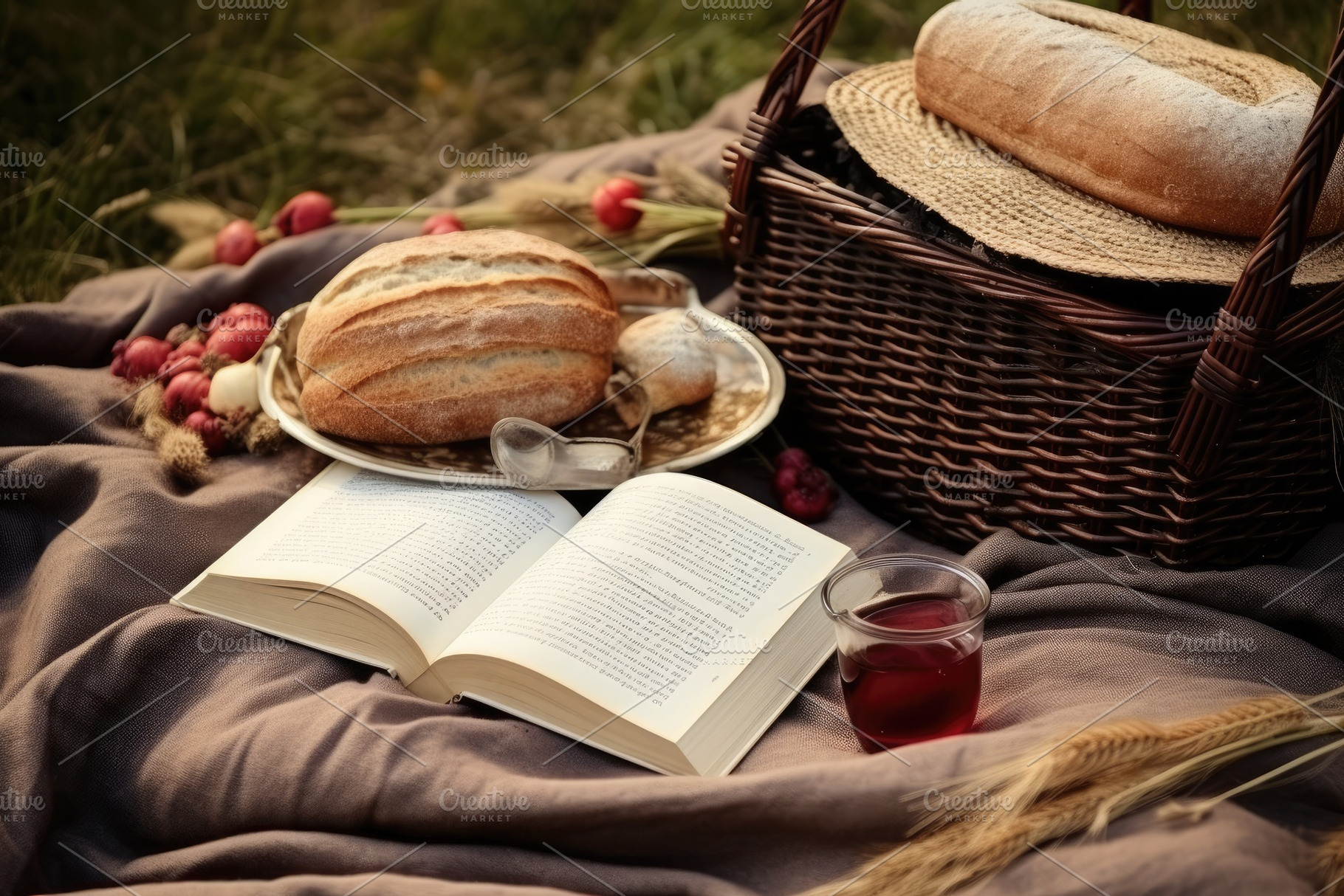 Picnic basket with croissants, bread, a Photo by Iftikhar Alam