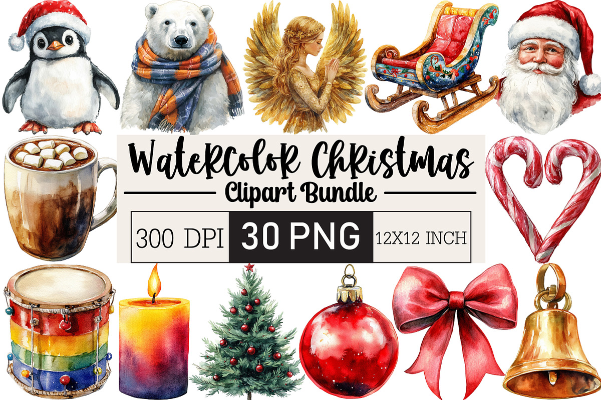 Watercolor Christmas Clipart Bundle, an Illustration by Black Bird Studio (Photo 1 of 6)
