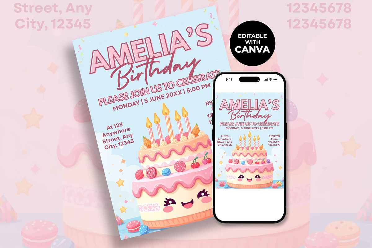 Cute Birthday Cake Invitation, an Invitation Template by M9 Design (Photo 2 of 4)