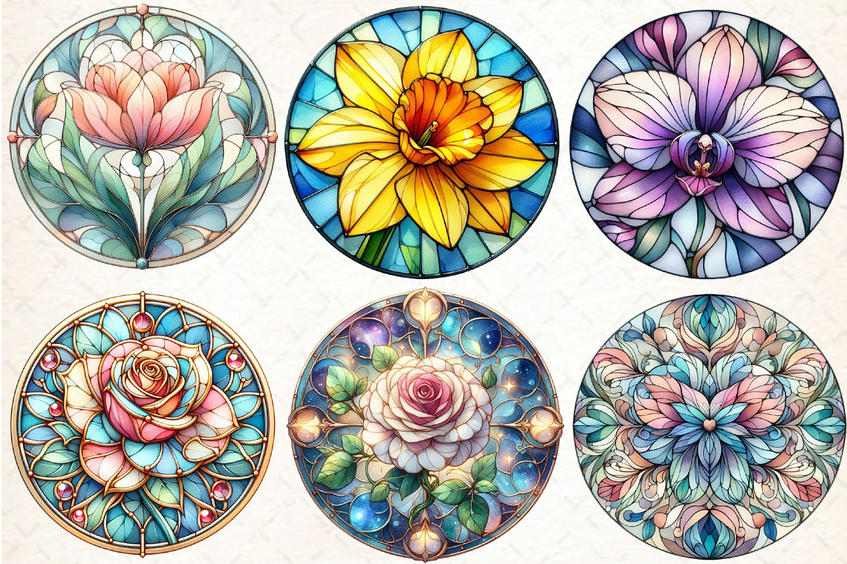 Round Flower Stained Glass Clipart, an Illustration by DreamCafeArt (Photo 2 of 5)
