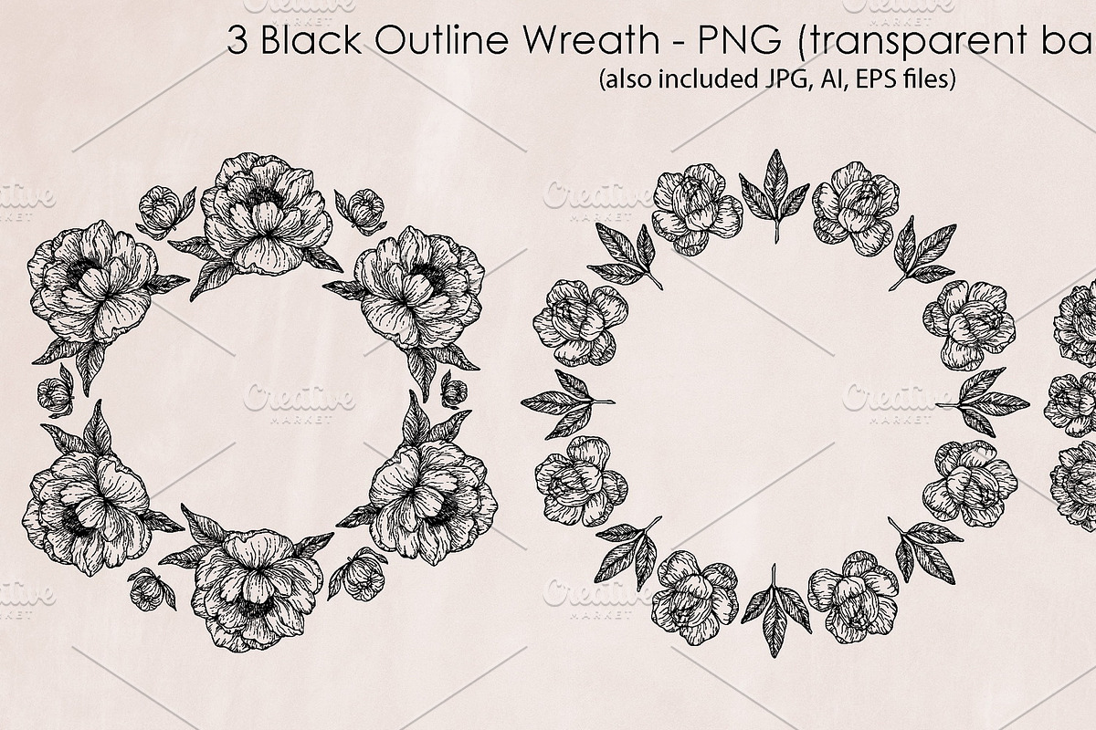 Black Outline Peony Flowers Set, an Illustration by ArtIrisArt (Photo 4 of 13)