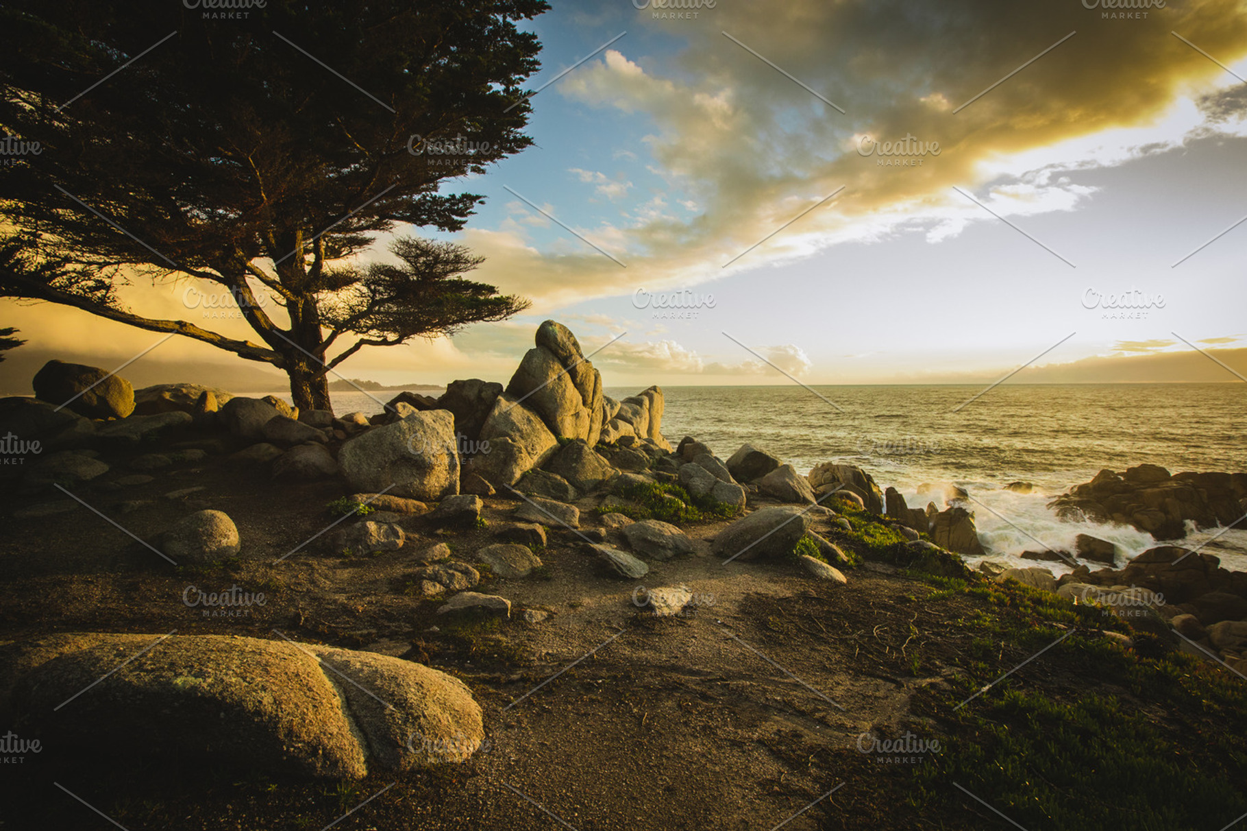 Rocky shore at sunset featuring cliffs, ocean, and waves, a Nature Photo by Moth Owl Photography