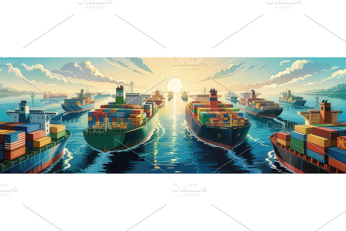 Cargo ships loaded with colorful, an Illustration by tilialucida