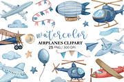 Watercolor Airplanes Clipart, a Transportation Illustration by PatternPalette (Thumbnail 1 of 2)