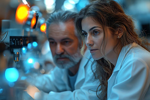 A focused young woman and an older man in lab coats analyze samples in a high-t, a Person Photo by ImageMir