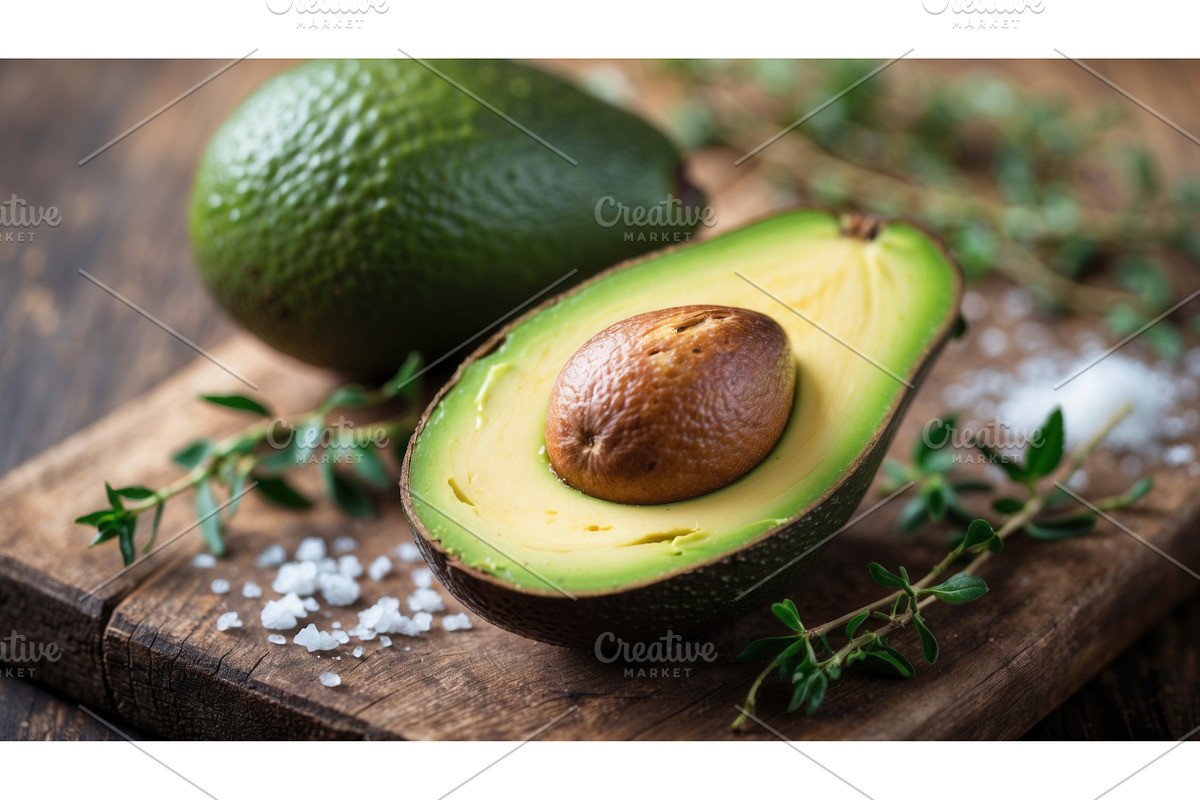 Fresh ripe avocado cut in half with, an Illustration by tilialucida