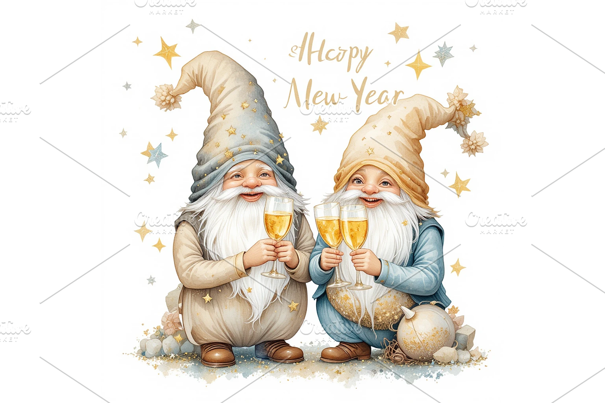 Watercolor New Year Gnomes Clipart, a Seasonal Illustration by Creative design (Photo 6 of 7)