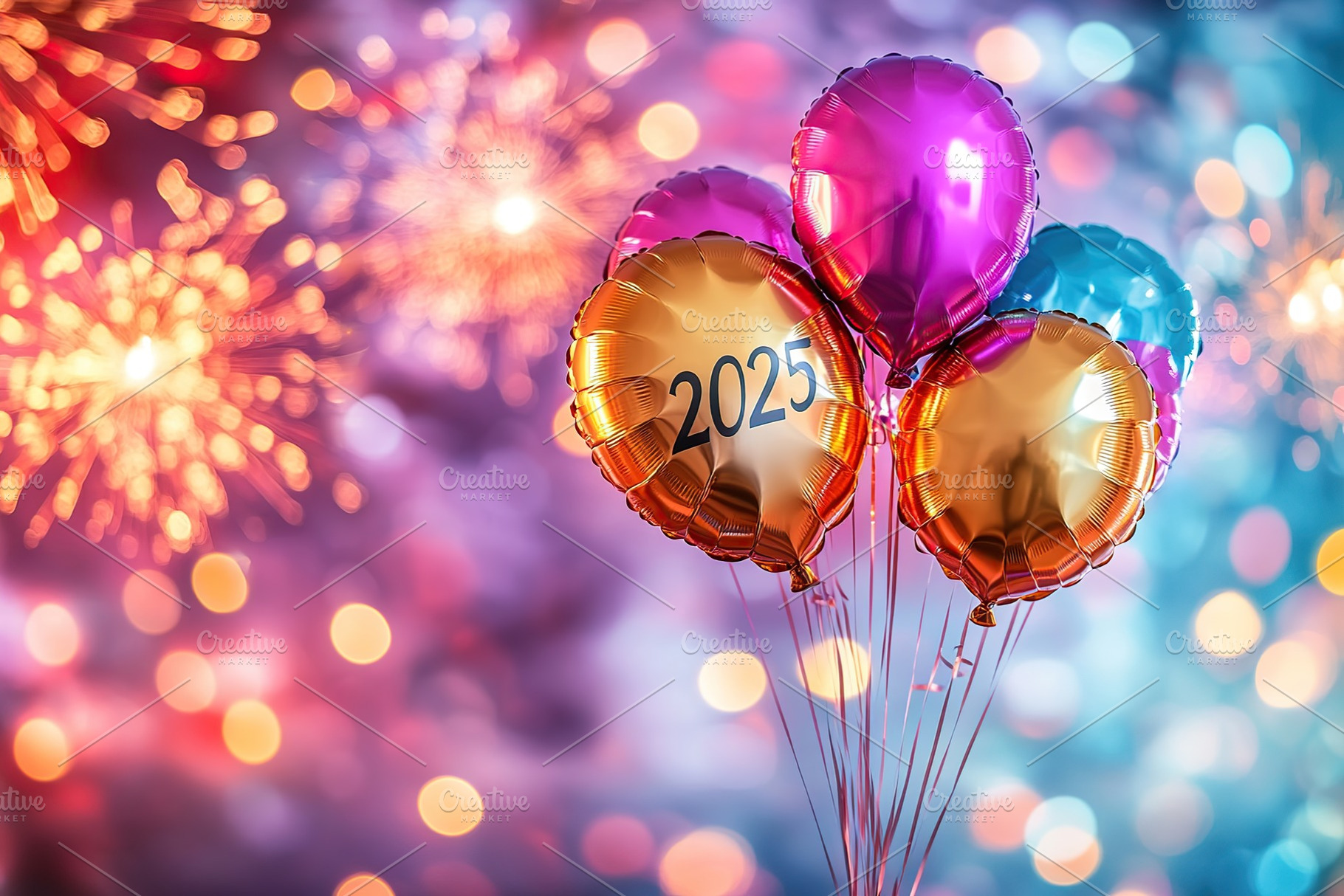 New Year 2025 celebration with colorful firework lights, sparkling and air ball, a Holiday Photo by AlyaAnd