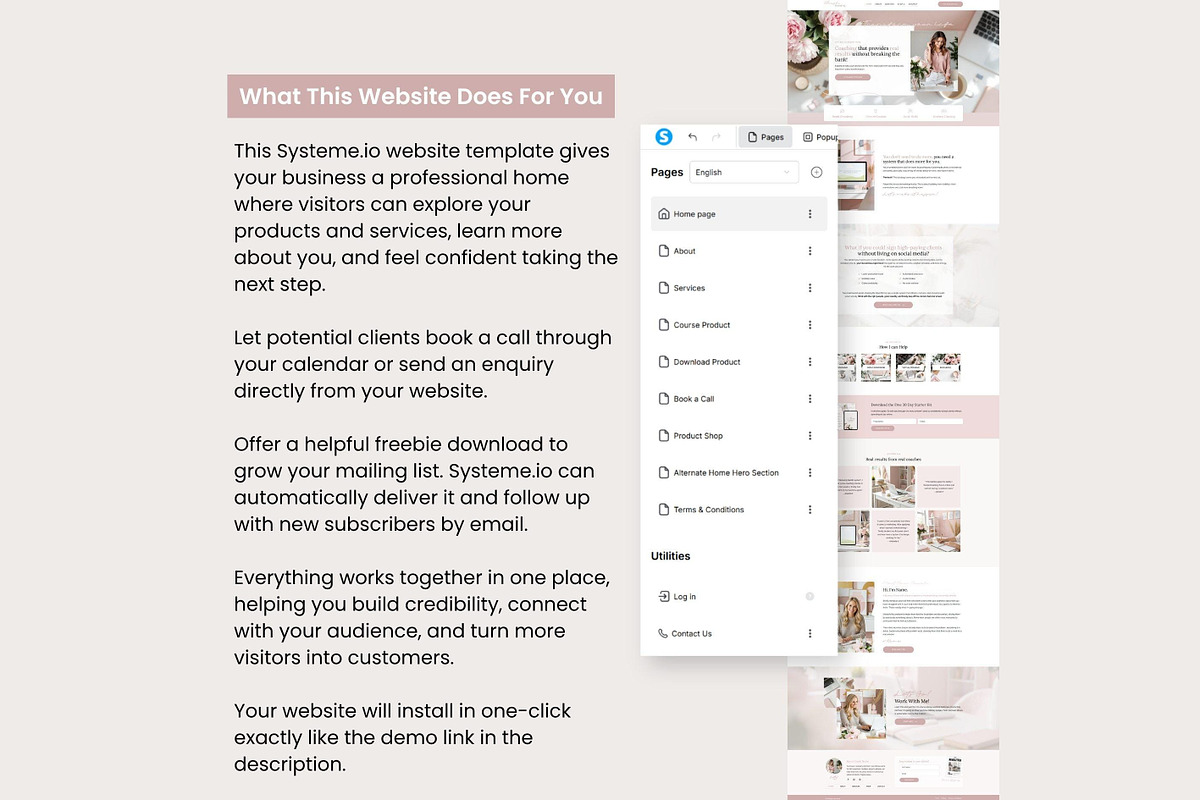 Systeme.io Blush Website Template, a Landing Page Template by Hayley's Digital Hub (Photo 2 of 10)