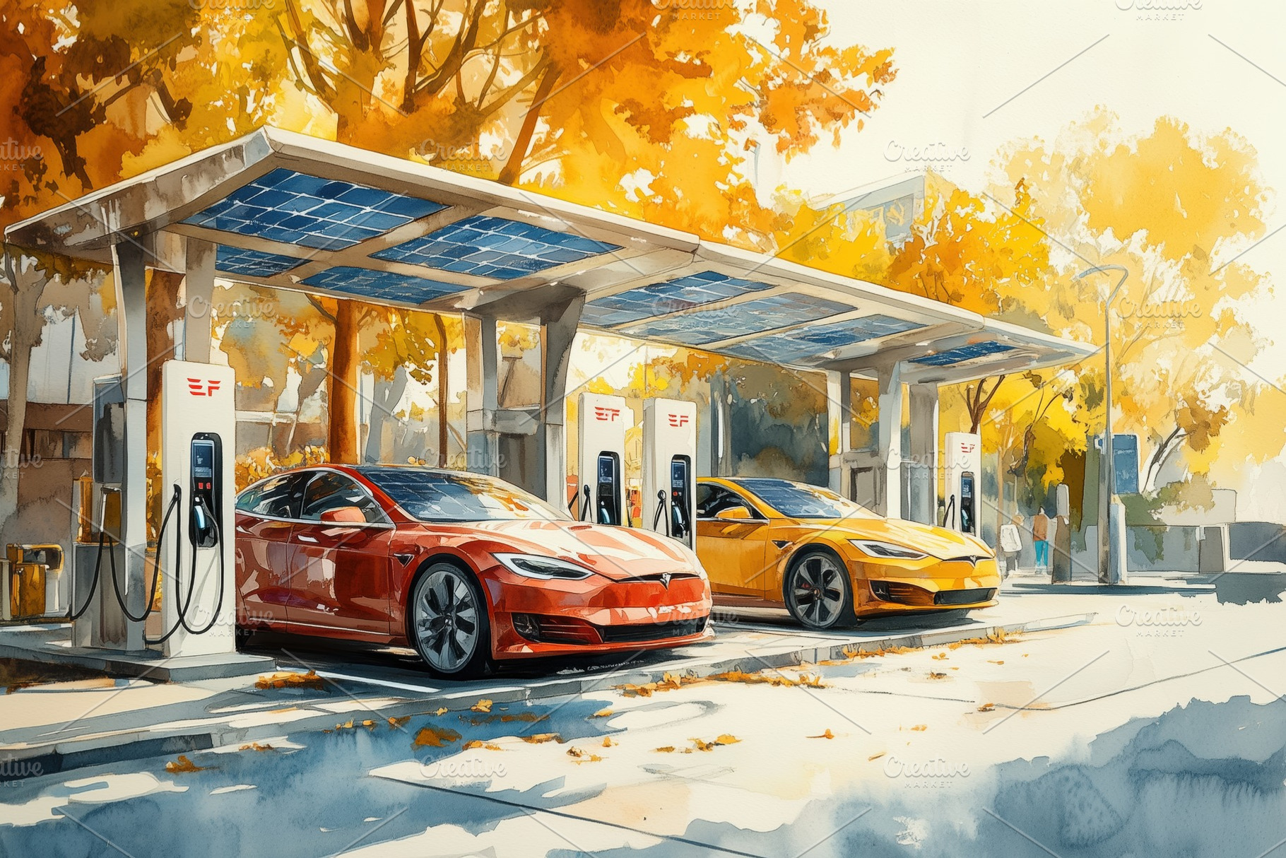 Two electric cars parked at a charging station under solar panels, surrounded b, a Technology Photo by Textures & Backgrounds