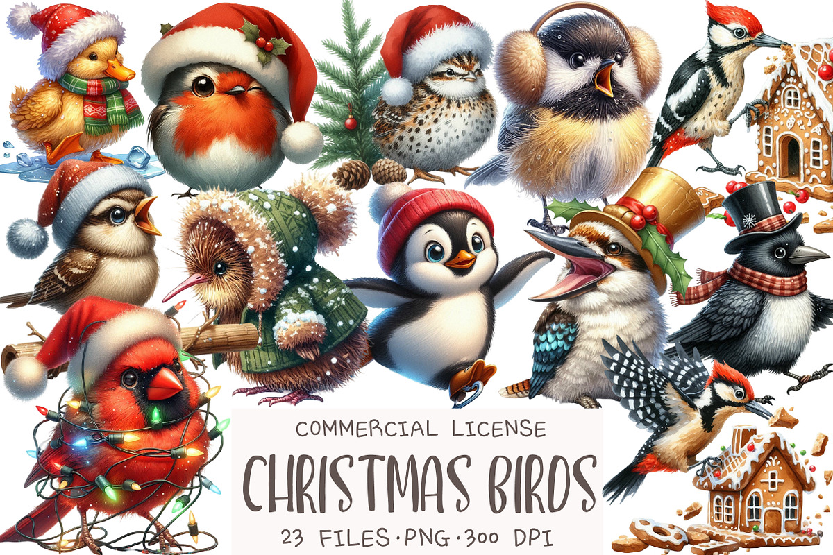 Christmas Birds Watercolor Clipart, an Illustration by OK Design (Photo 1 of 5)