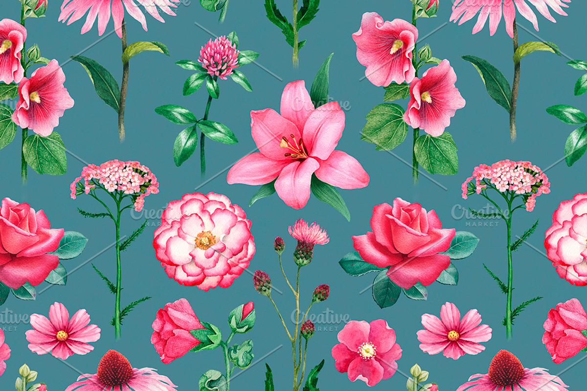 Watercolor pink flowers, a Pattern Graphic by Sundra (Photo 5 of 6)