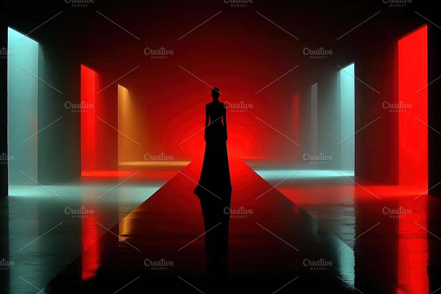 Silhouetted woman in elegant gown standing in futuristic corrido, an Abstract Photo by José Manuel Gelpi