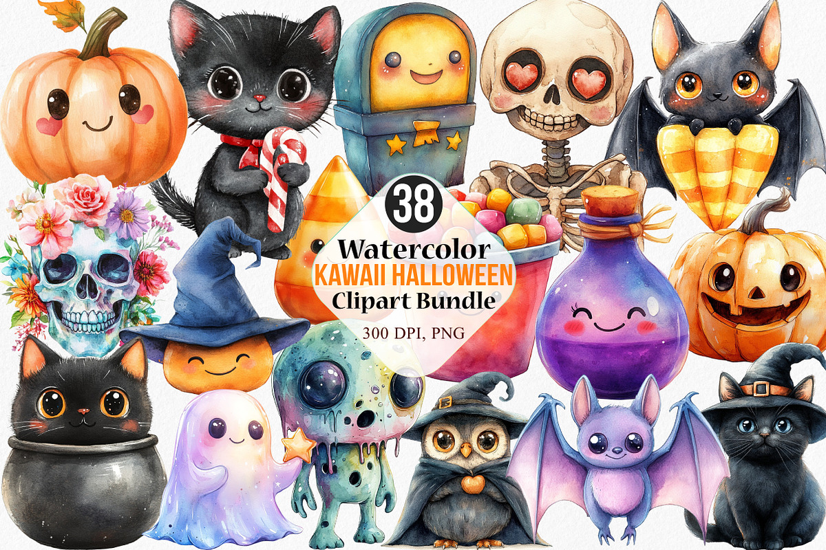 Watercolor Kawaii Halloween Clipart, an Illustration by Canvas Craft (Photo 1 of 8)