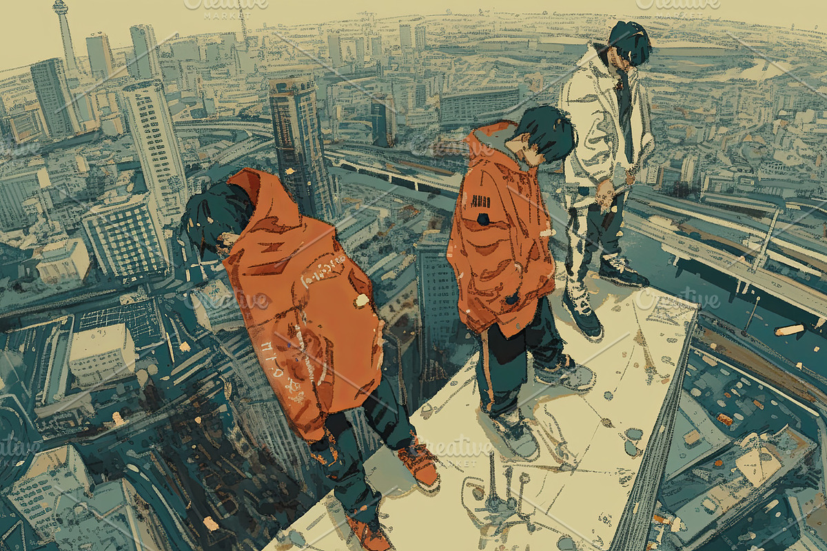 Three individuals standing atop a high rooftop overlooking a cityscape, an Illustration by AS photostudio