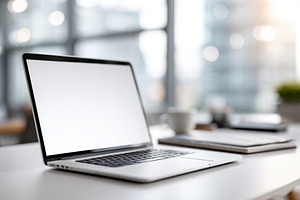 Modern laptop on office desk with blank screen, a Technology Photo by AlyaAnd