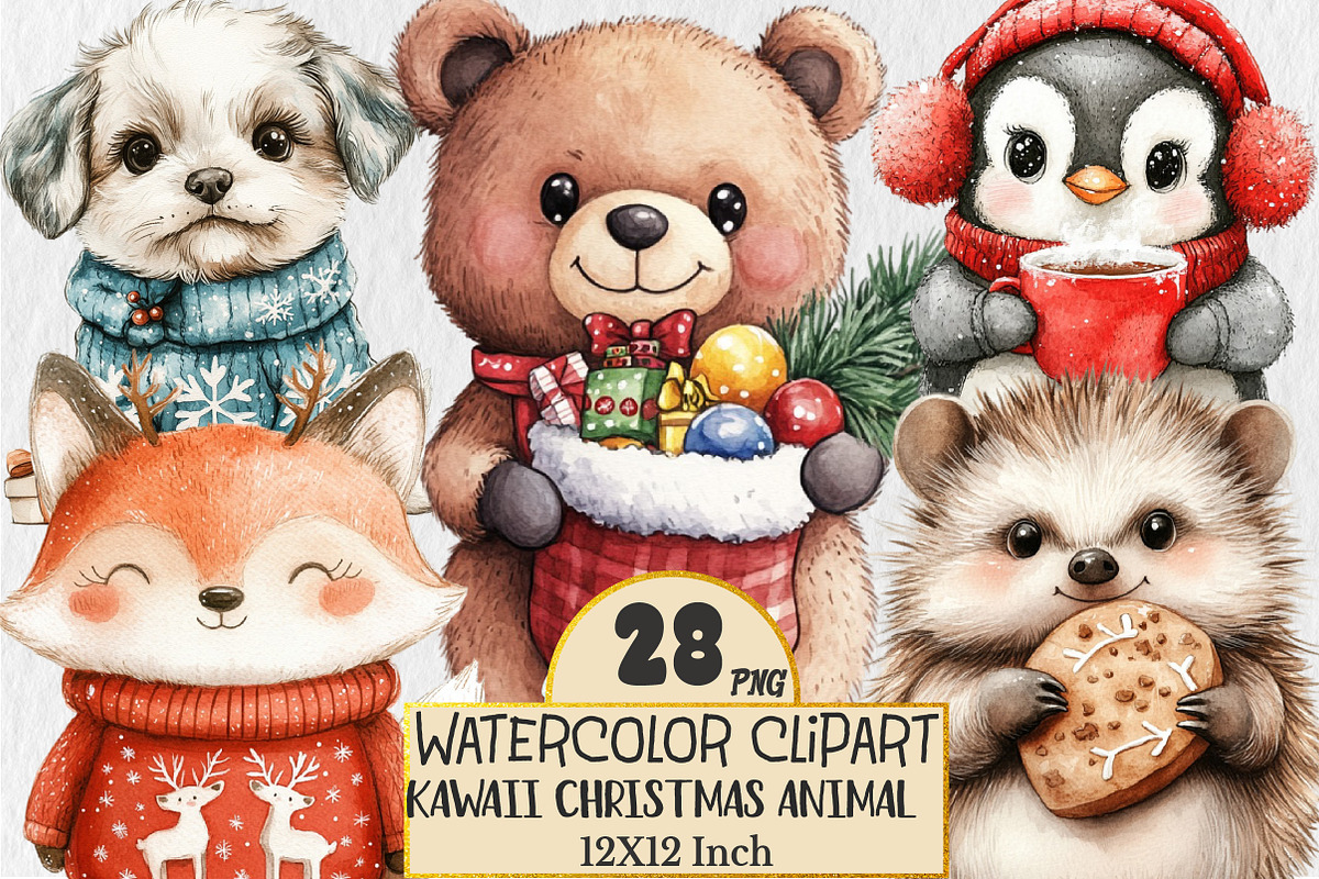 Kawaii Christmas Animal Clipart, an Animal Illustration by Rose Art (Photo 1 of 4)
