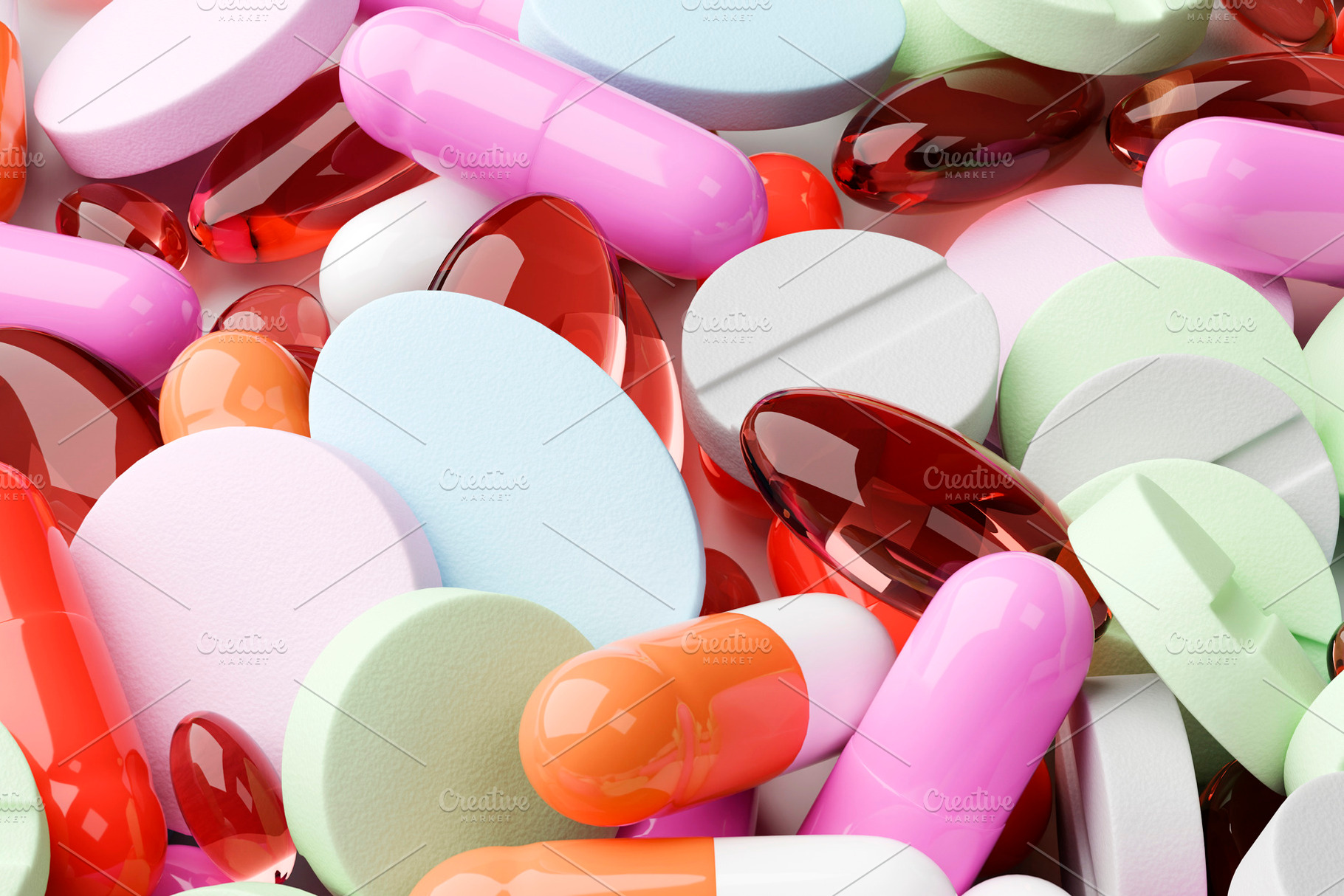 Close-up of colorful pills and capsules on white surface, a Health & Medical Photo by RF Images