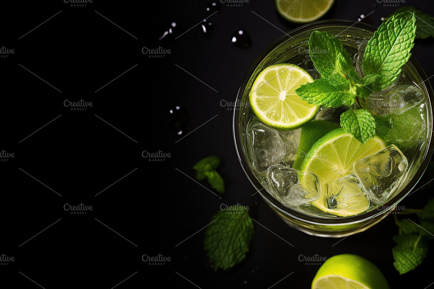 Flat lay of alcoholic mojito with ice and mint on black background, a Food & Drink Photo by AlyaAnd