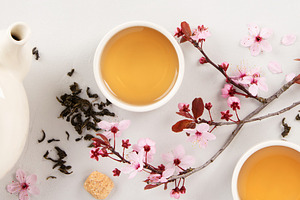 Tea Composition with Cherry Blossoms and Teapot Copy Space, a Food & Drink Photo by Natalia Klenova's Shop