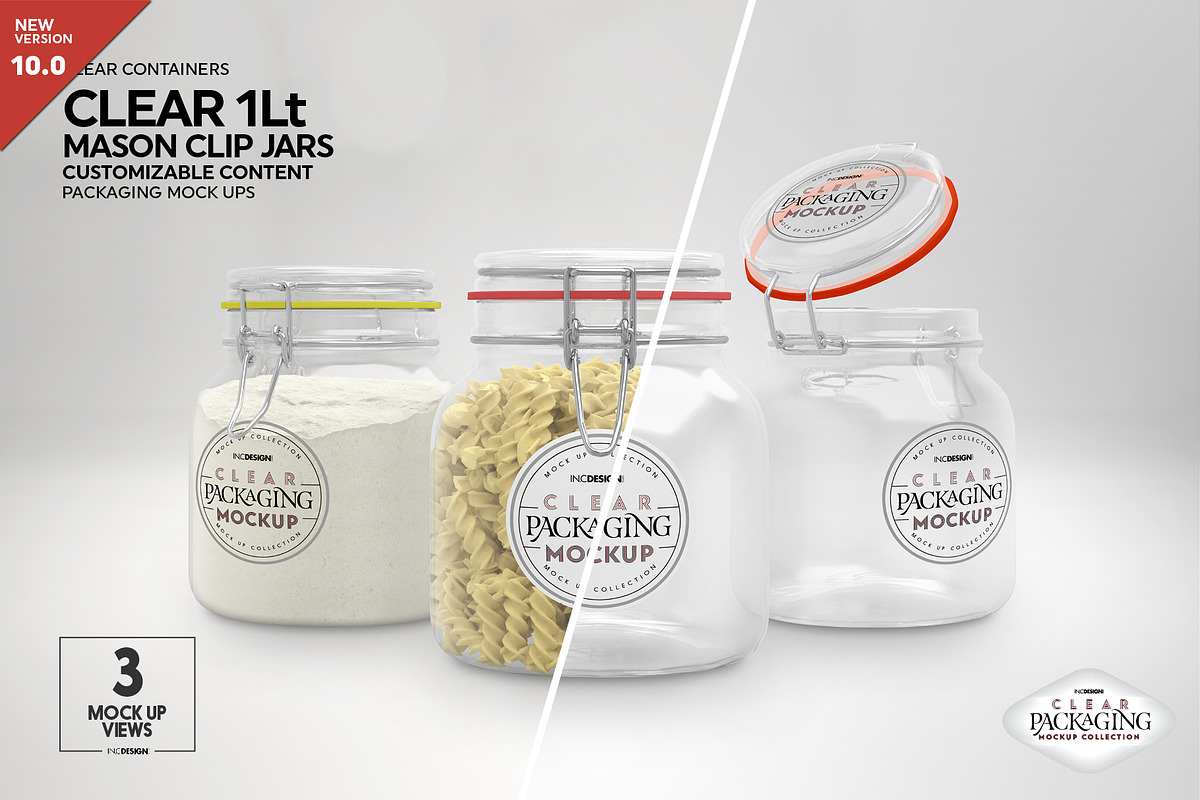 Clear 1Liter Mason Clip Jar Mockup, a Cups & Container Mockup by INCDesign (Photo 1 of 9)