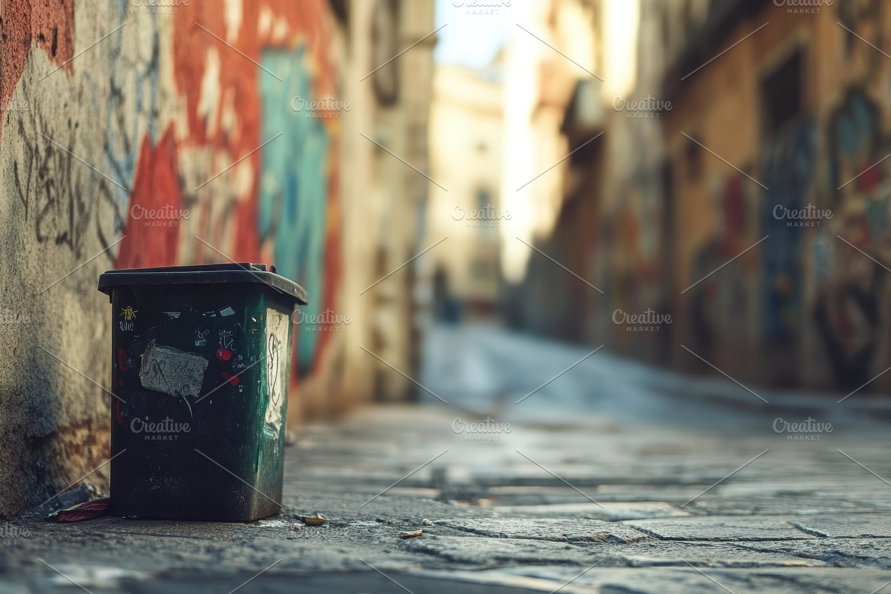 Green trash bin in a narrow cobblest, a Photo by Tanuart