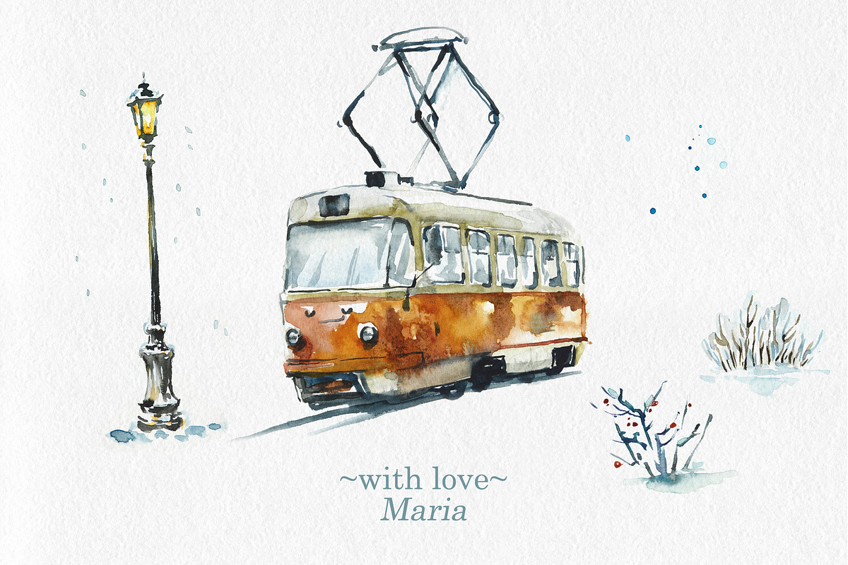 Watercolor Tramcars, a Transportation Illustration by Budogoshch (Photo 9 of 9)