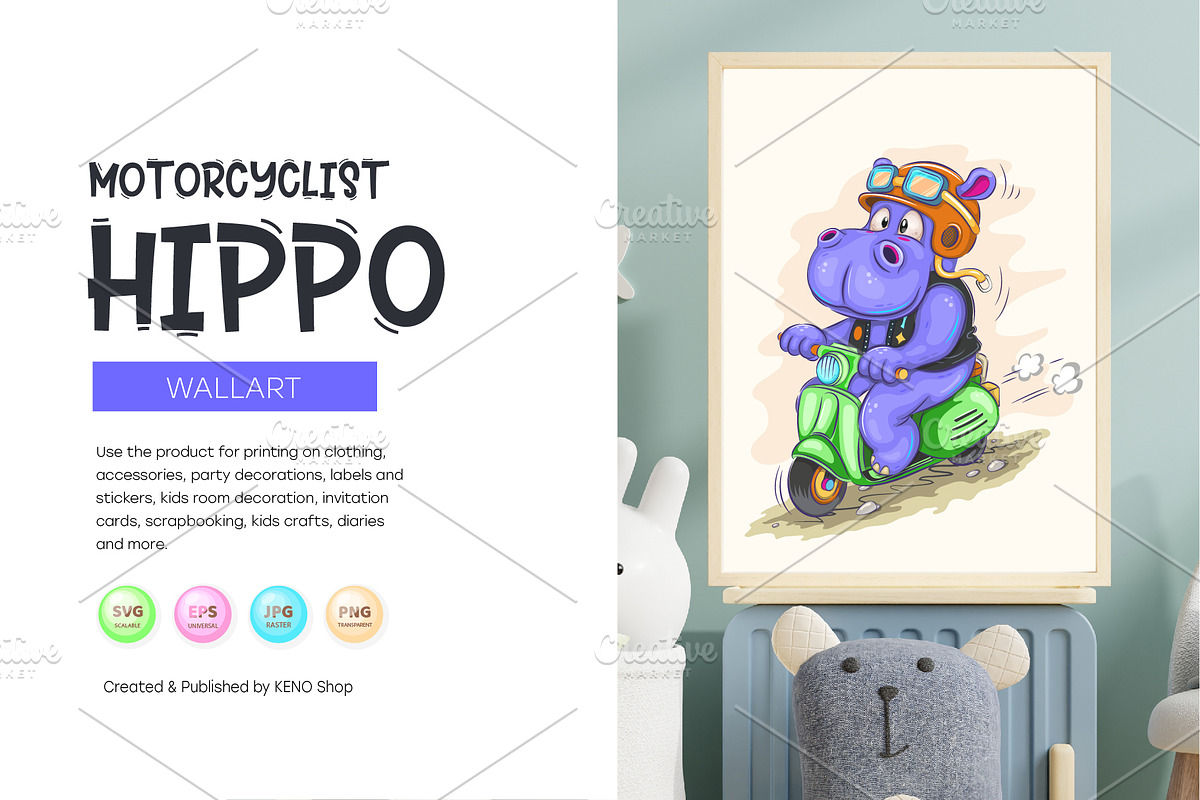 Cartoon hippo motorcyclist. Tshirt, an Animal Illustration by KENO Mascots (Photo 4 of 7)