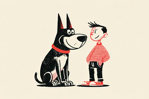 Boy stands near a big dog, a Photo by Beautiful things