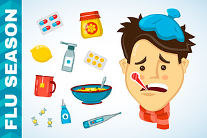 Sick man character and flat icon set
