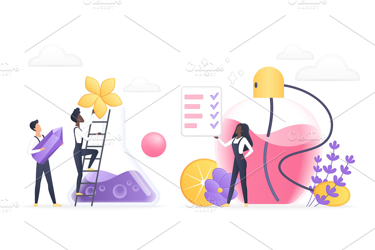 Perfume creation process volumetric, an Object Illustration by Lemberg Vector