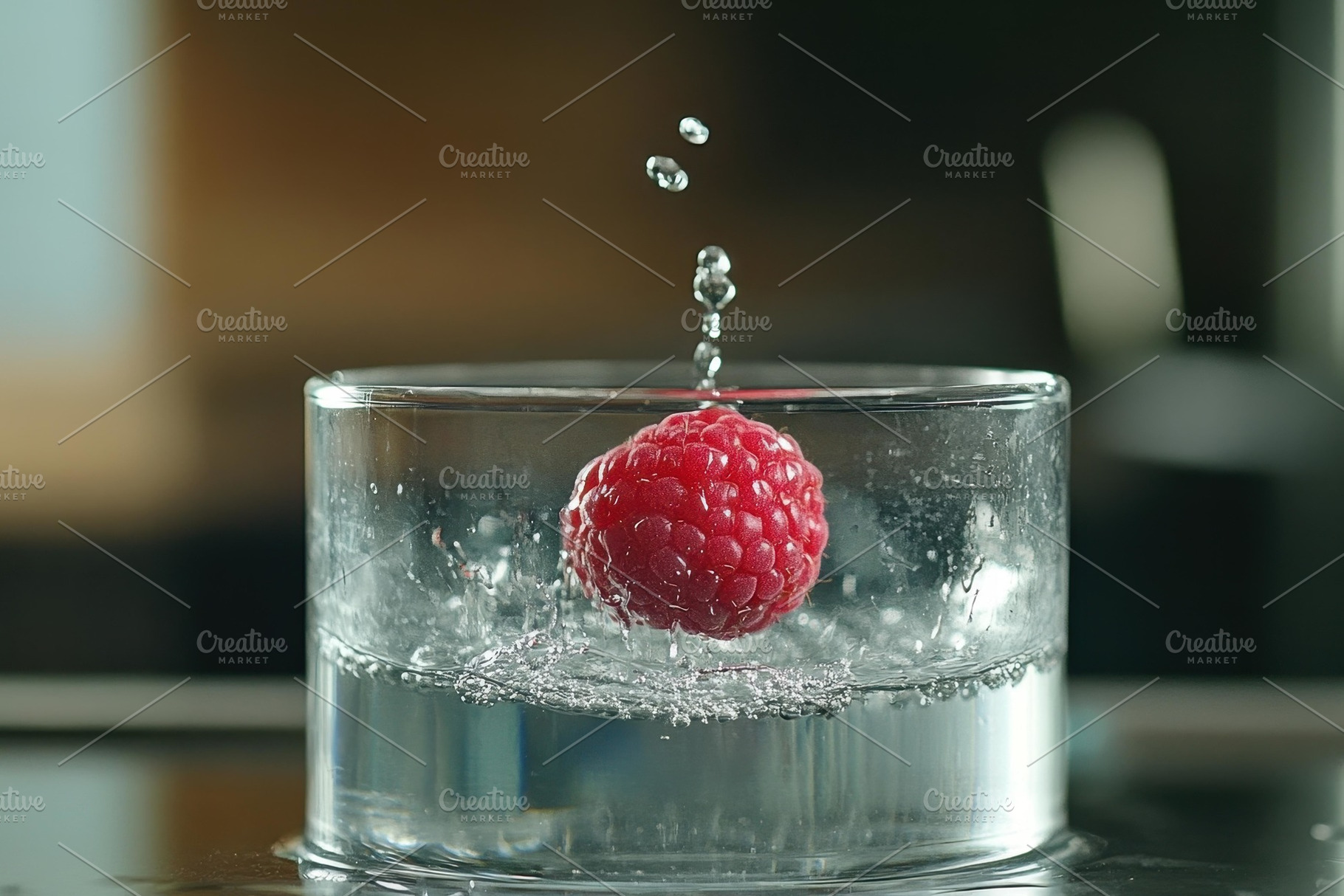 Droplet splash with fresh raspberry, a Photo by Tanuart