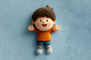 Cute plush-style boy character with orange sweater, blue shorts,, a Person Photo by José Manuel Gelpi