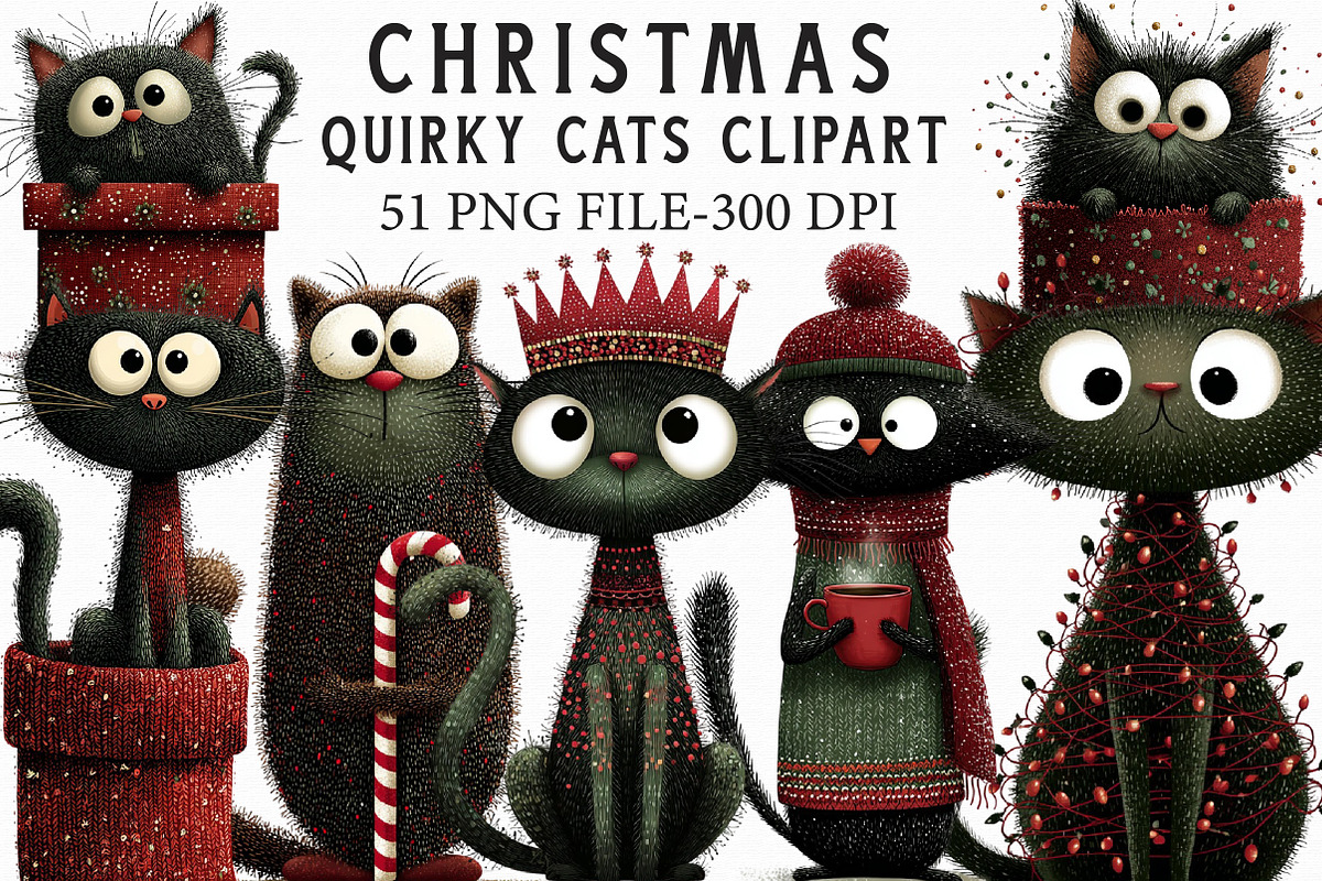 Quirky Christmas Cats Clipart, an Illustration by Libby Wishes (Photo 1 of 7)