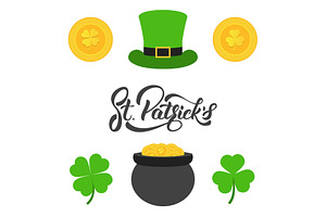 Saint Patrick's Day. Lettering, gold coins, clovers and cylinder hat. Set of elements for Patrick's Day