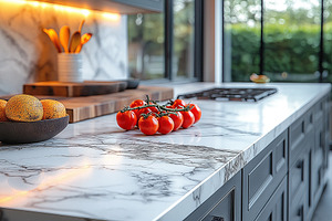 A bright kitchen scene featuring fresh tomatoes and oranges on a marble counter, a Background Photo by ImageMir