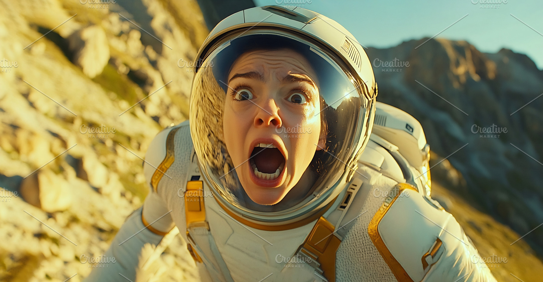 Woman in space suit experiences fear, a Photo by Beautiful things